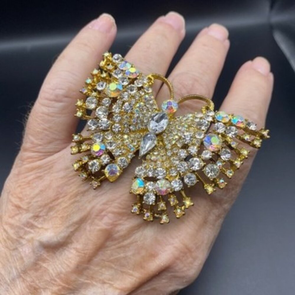 Butterfly Stretch Ring Gold Tone AB Clear Rhinestone Statement 2.5x2" Fairycore - Picture 2 of 10